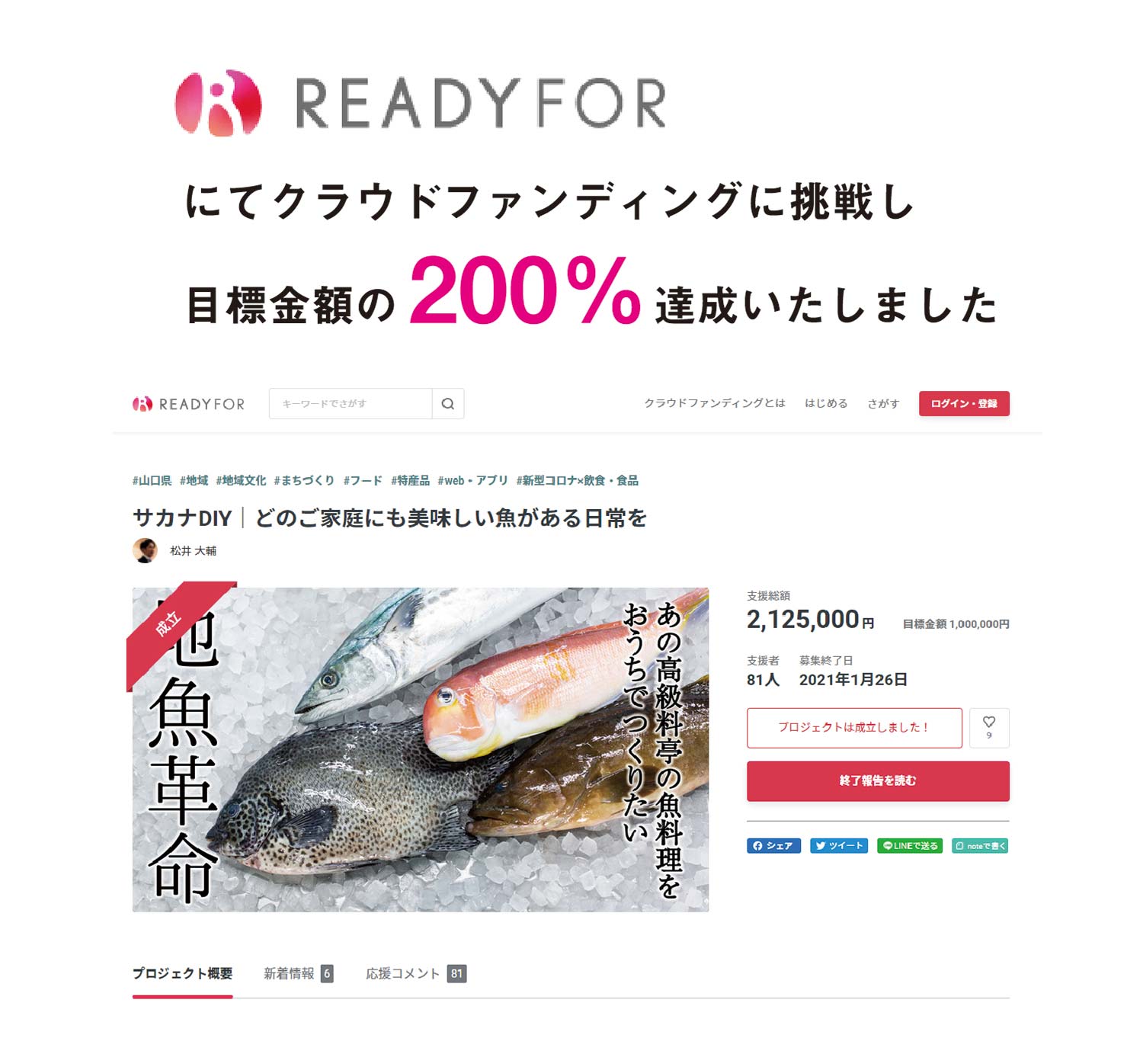 READYFORにてクラウドファンディングに挑戦し目標金額の200％達成いたしました